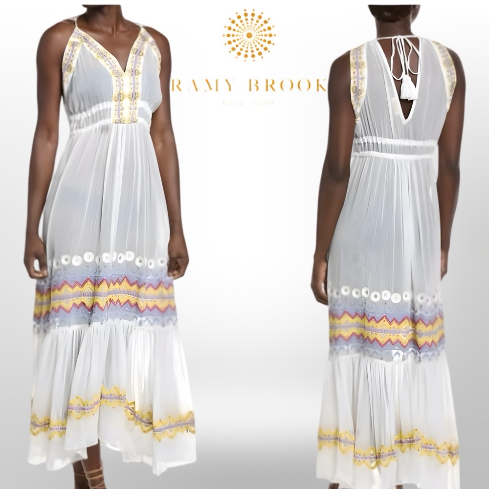 Ramy Brook NWT Sienna Maxi Dress in White Multi Intricate Embroidery Sz Small
